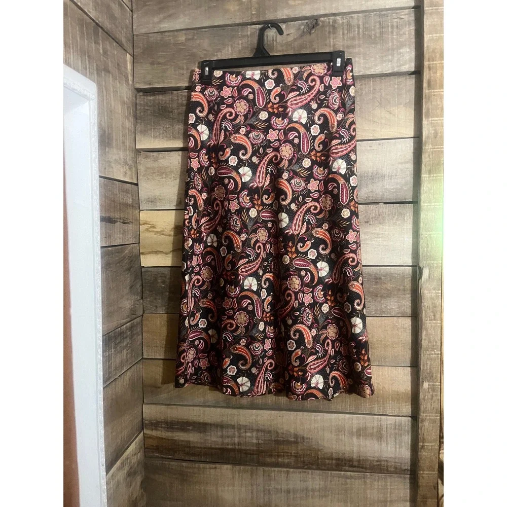 Loft‎ Petites Black Pink Paisley Floral Midi Skirt Size LP A-Line Pull On Boho